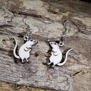White Rat Wooden Dangle Earrings | Pet Rodent Animal Jewelry