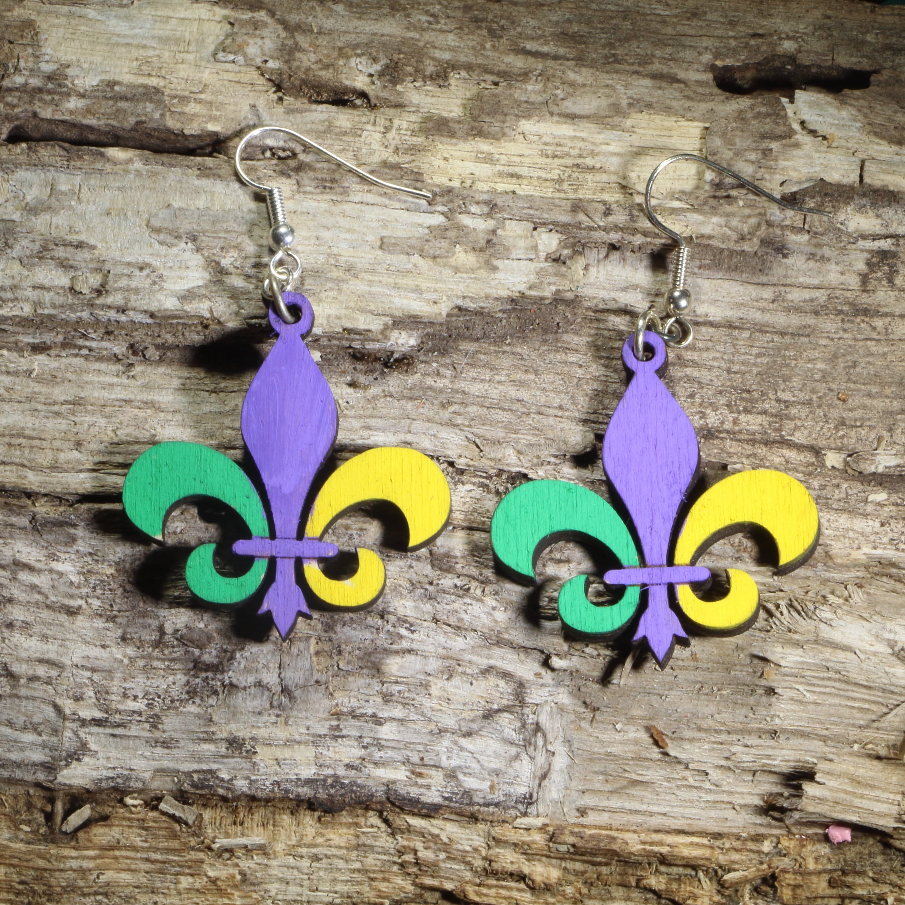 Large Mardi Gras Fleur-de-lis Wooden Dangle Earrings | New Orleans Jewelry