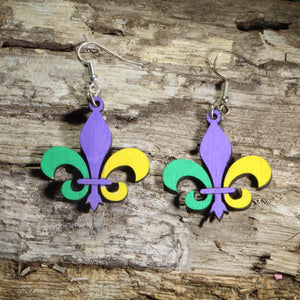 Large Mardi Gras Fleur-de-lis Wooden Dangle Earrings | New Orleans Jewelry