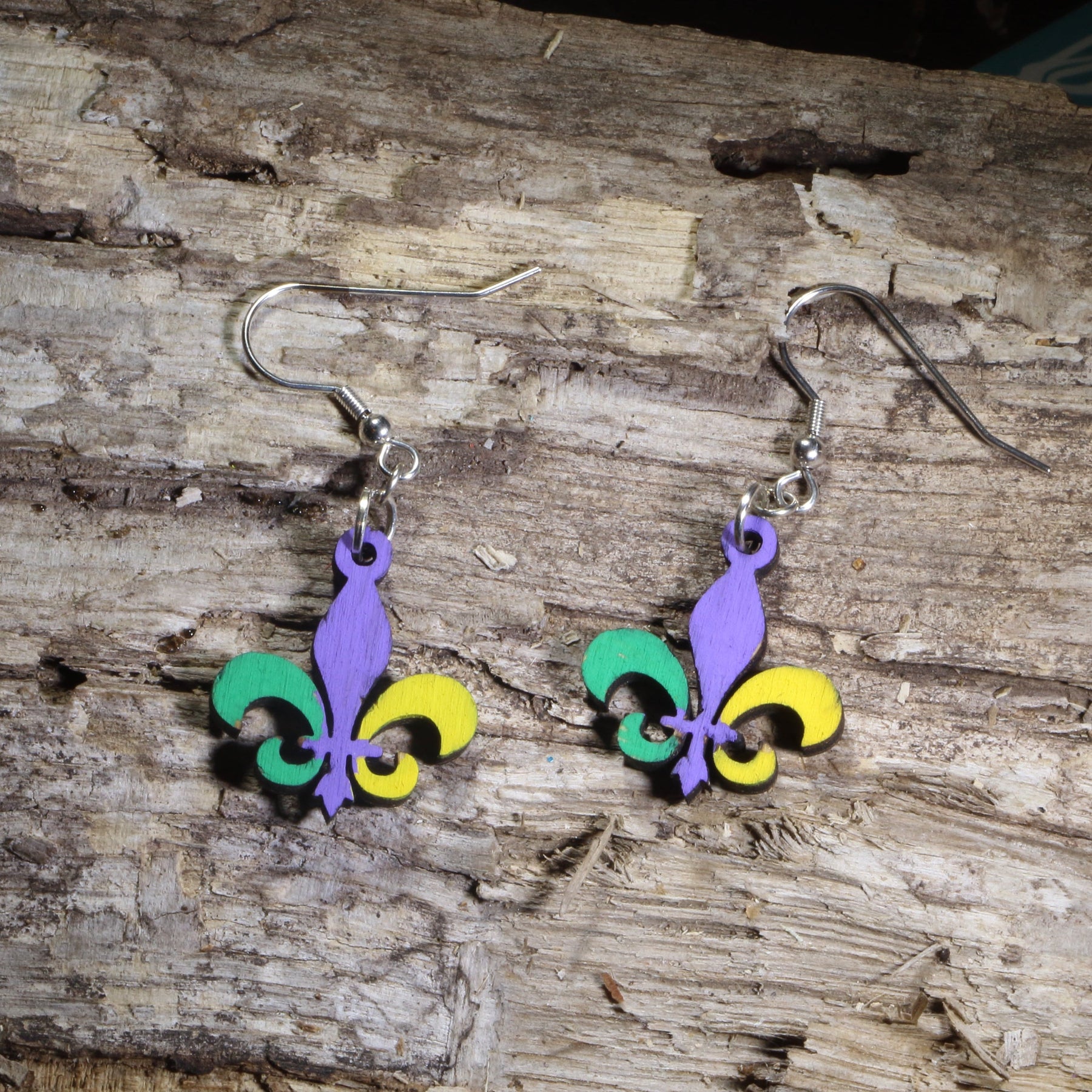 Mardi Gras Fleur-de-lis Wooden Dangle Earrings | New Orleans Jewelry