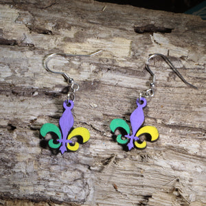 Large Mardi Gras Fleur-de-lis Wooden Dangle Earrings | New Orleans Jewelry