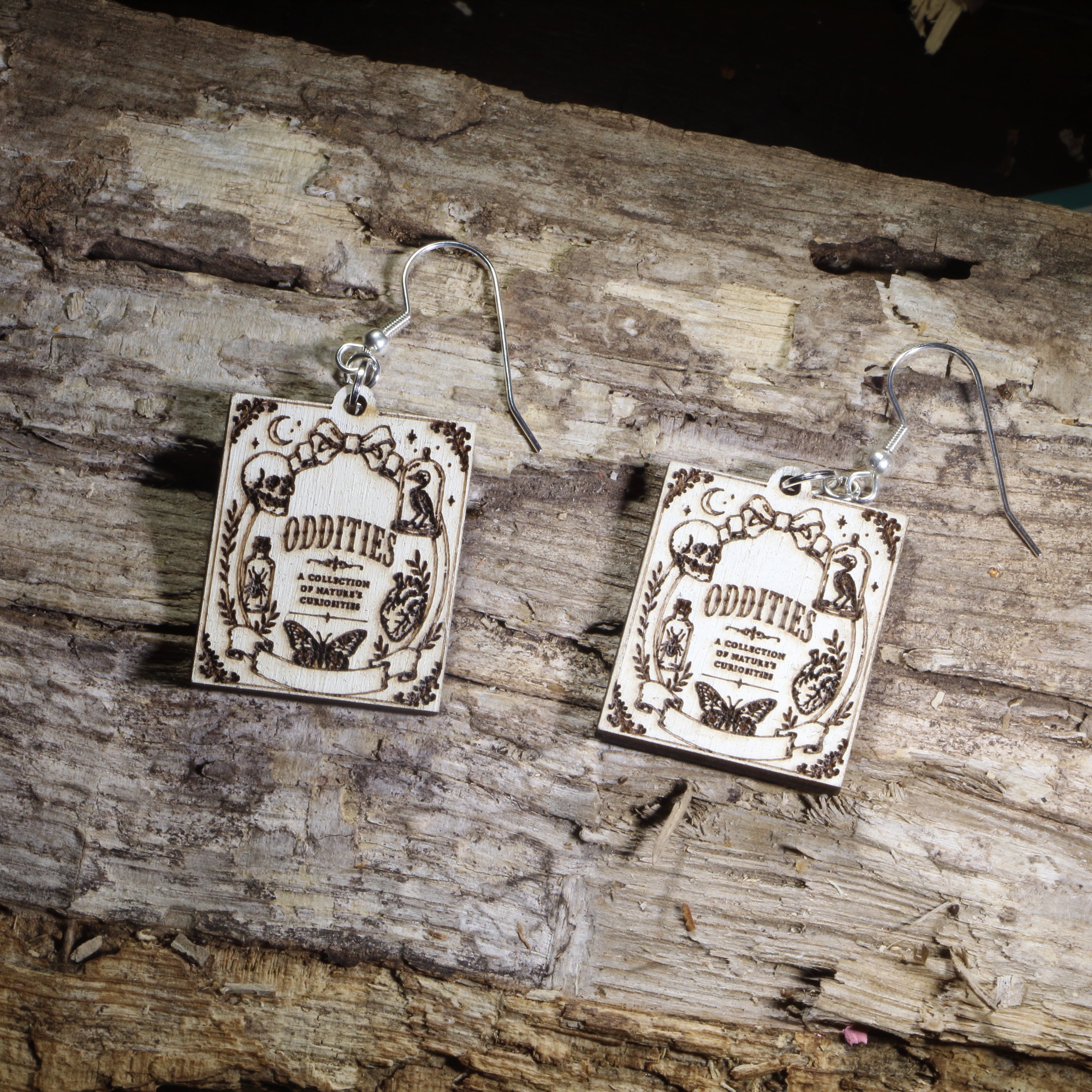 Oddities Book Cover Wooden Dangle Earrings | Gothic Curiosity Jewelry