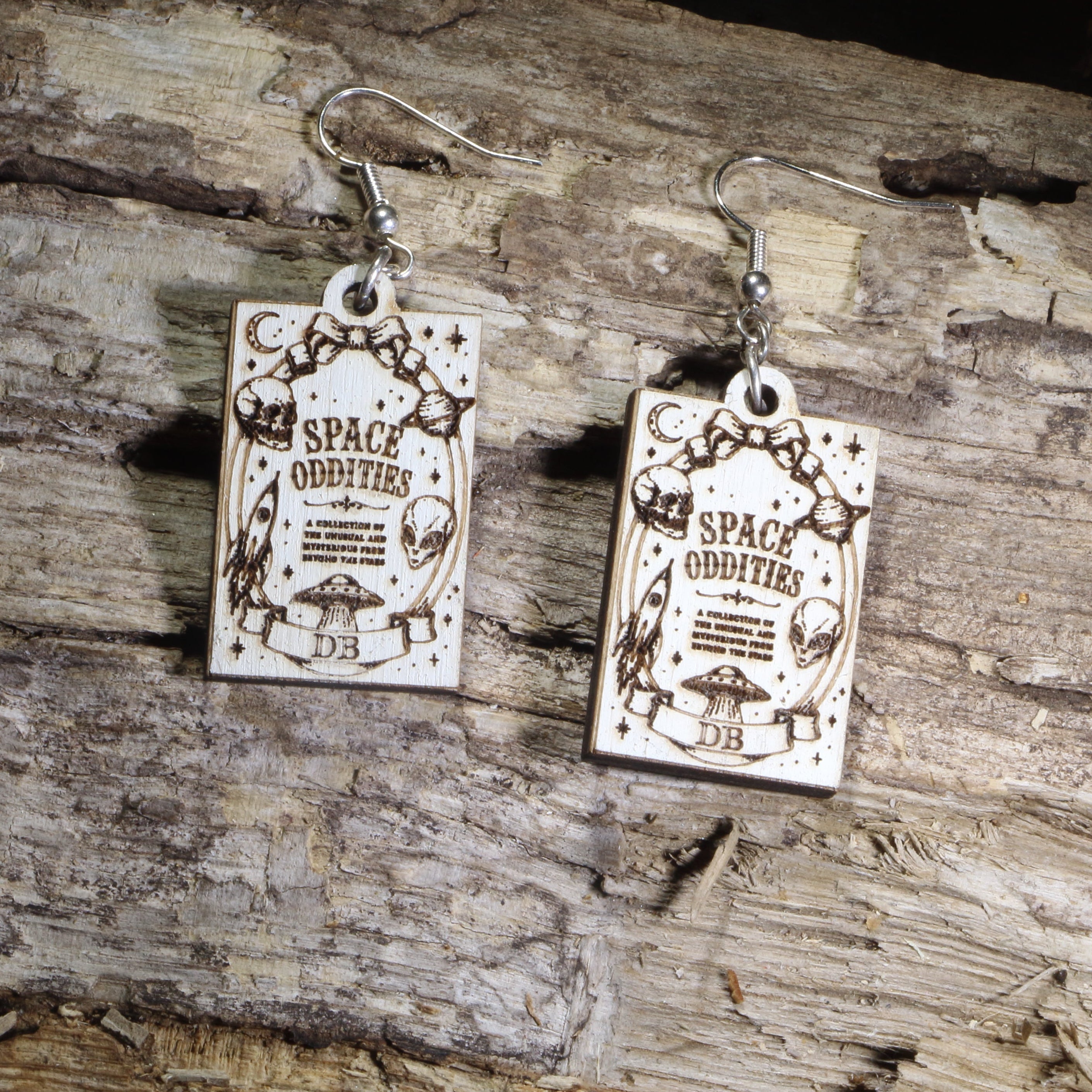 Space Oddities Book Cover Wooden Dangle Earrings | Sci-Fi Gothic Jewelry