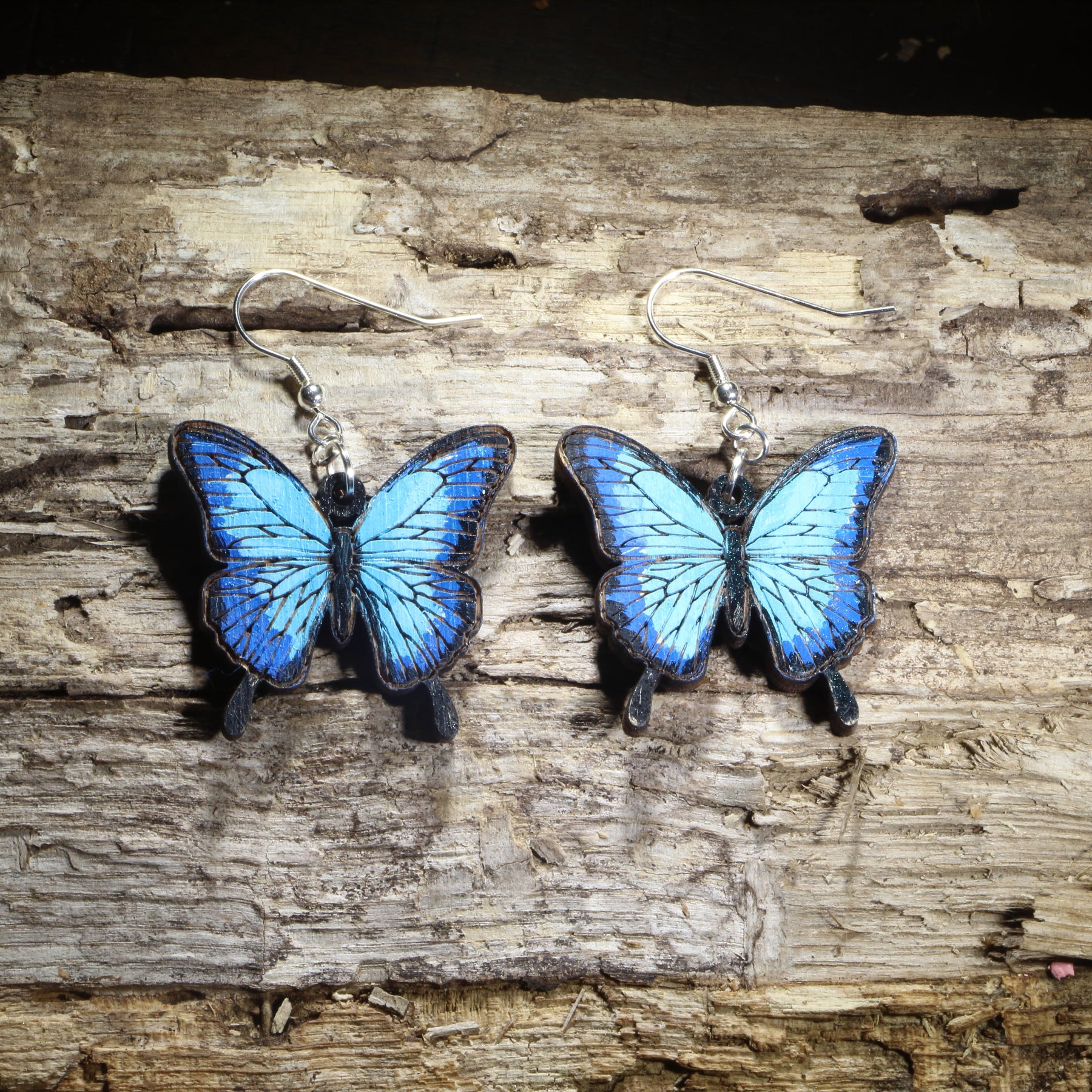 Blue Morpho Butterfly Wooden Earrings | Tropical Insect Jewelry