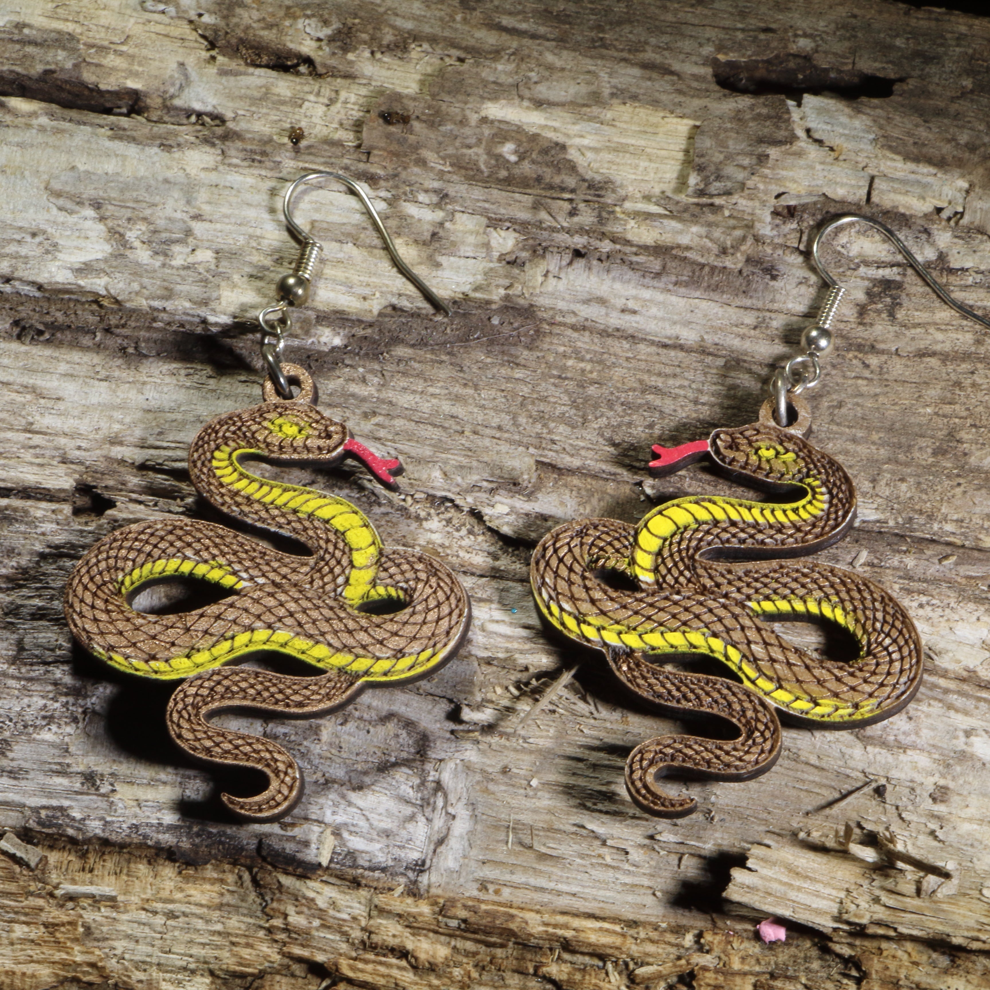 Green Snake Wooden Dangle Earrings | Reptile Nature Jewelry
