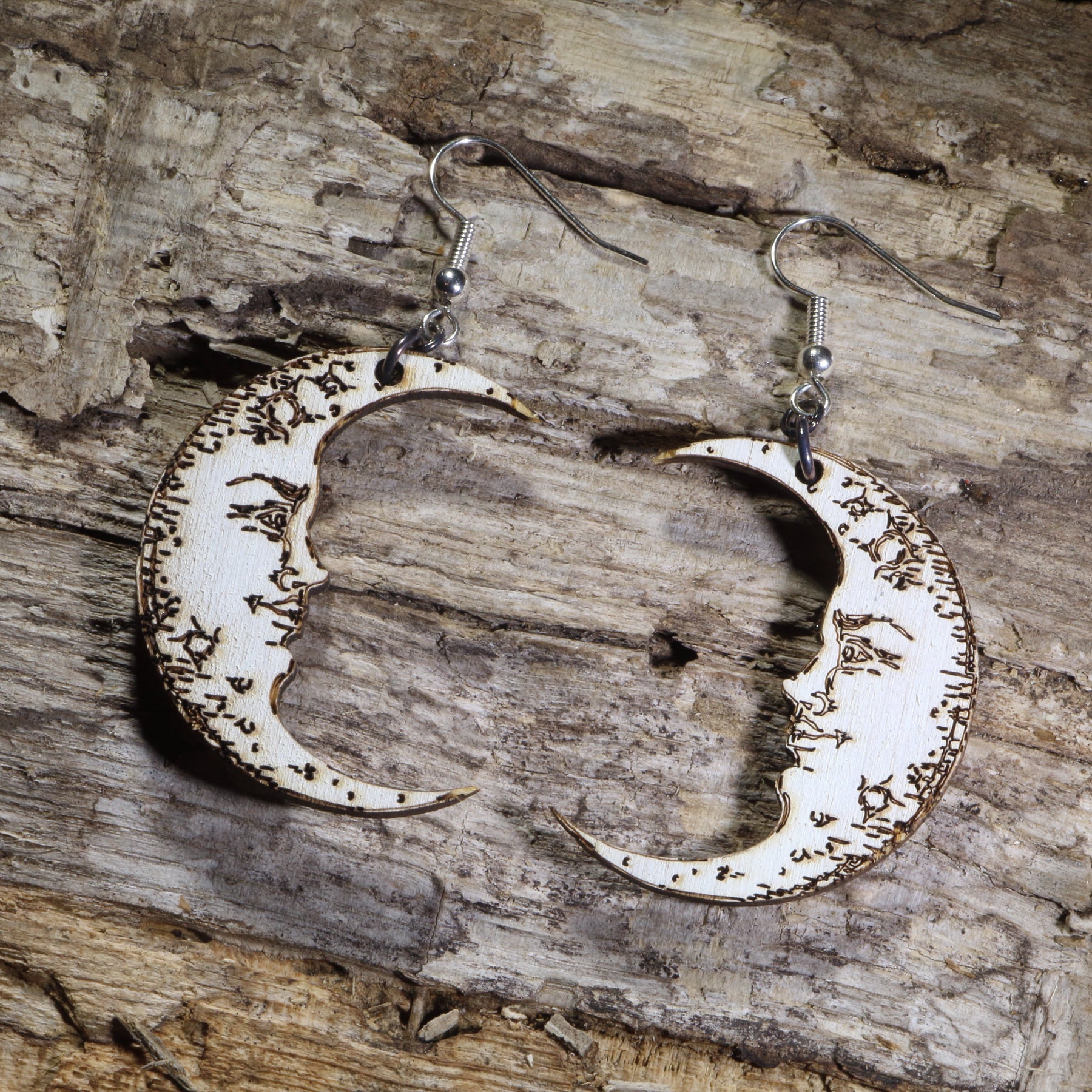 Crescent Moon Face Wooden Dangle Earrings | Celestial Jewelry