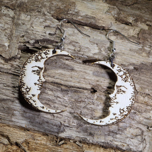 Crescent Moon Face Wooden Dangle Earrings | Celestial Jewelry
