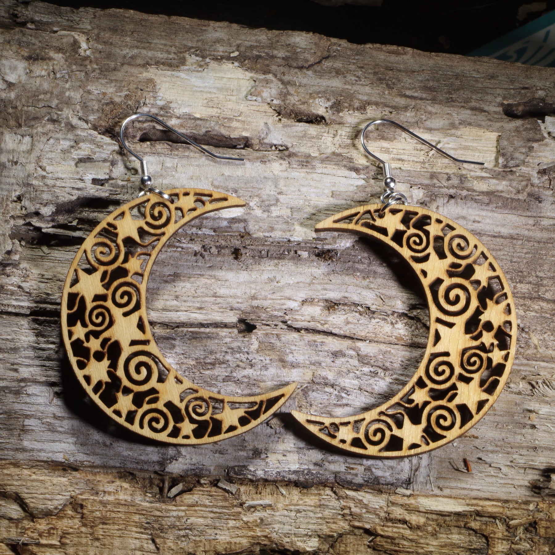 Crescent Moon Wooden Dangle Earrings | Celestial Filigree Jewelry