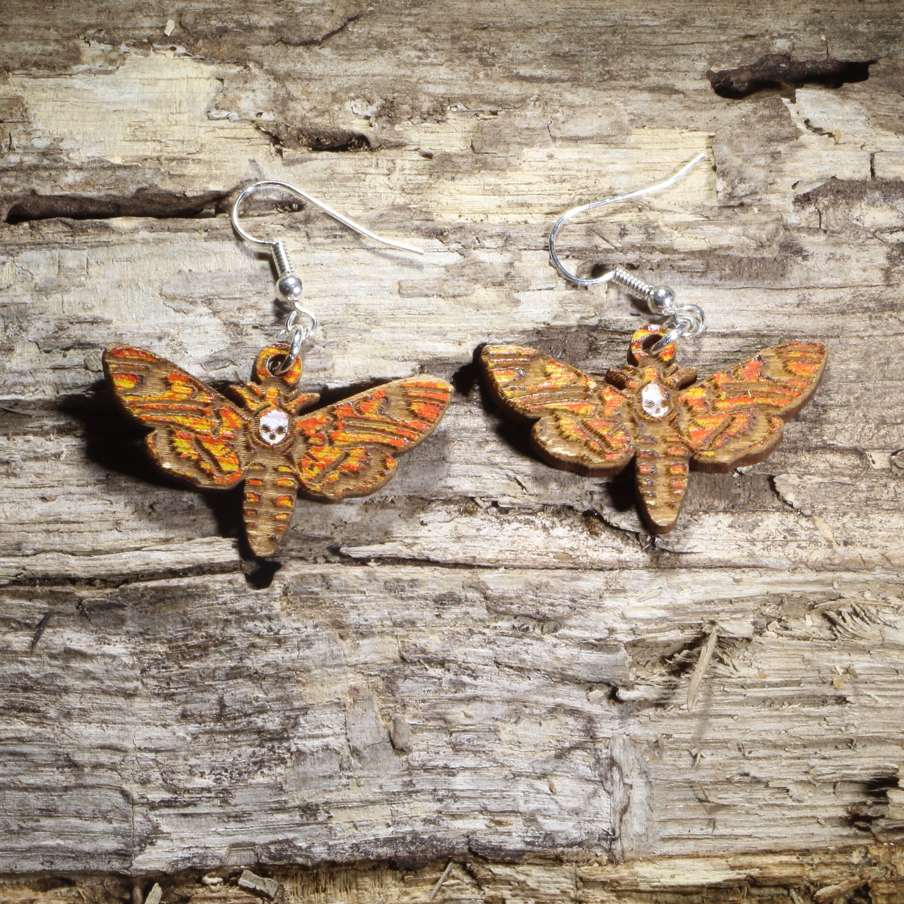 Death Head Hawkmoth Wooden Dangle Earrings | Gothic Insect Jewelry