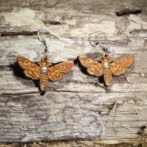 Death Head Hawkmoth Wooden Dangle Earrings | Gothic Insect Jewelry