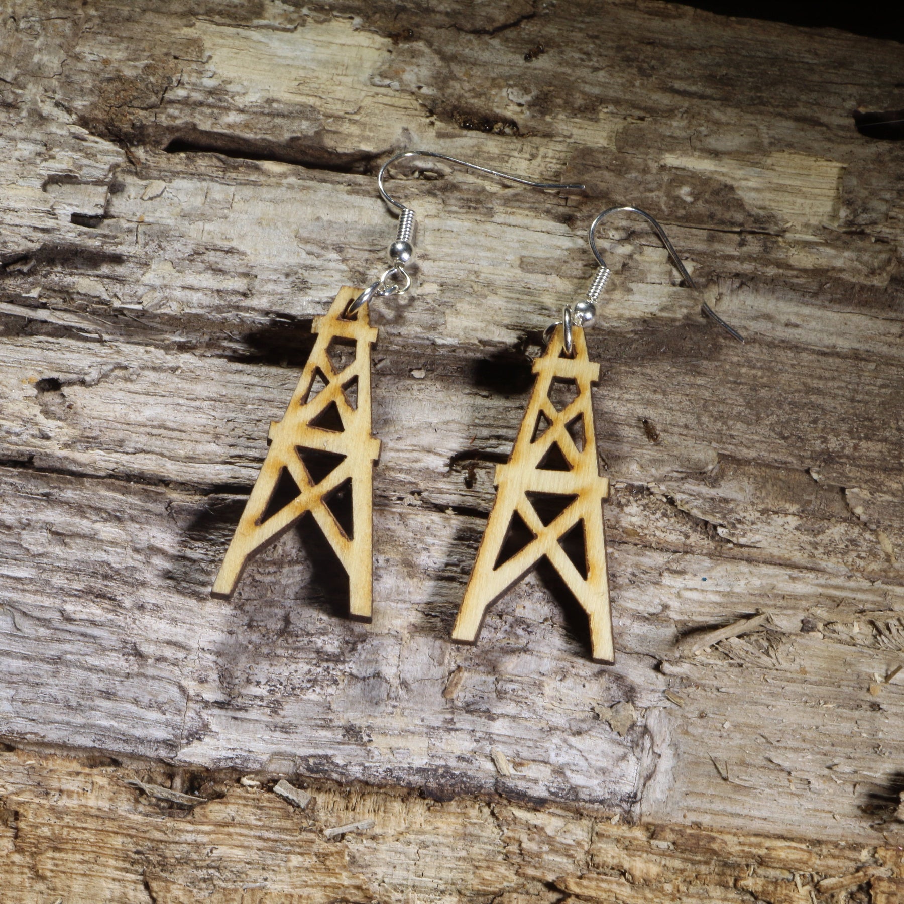 Oil Derrick Wooden Dangle Earrings | Oilfield Industrial Jewelry