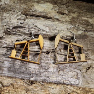 Oil Rig Pump Jack Wooden Dangle Earrings | Industrial Jewelry