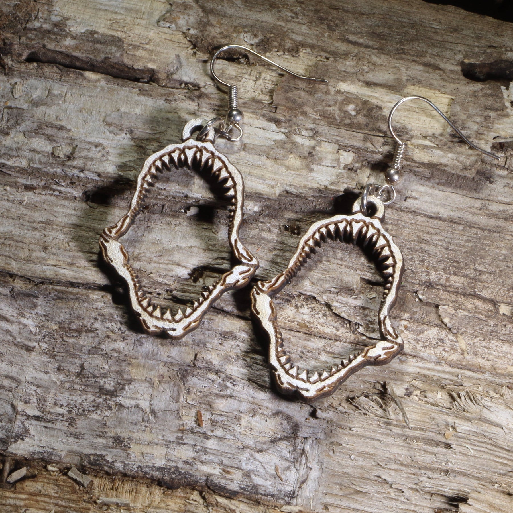 Shark Tooth Jaw Wooden Dangle Earrings | Ocean Predator Jewelry