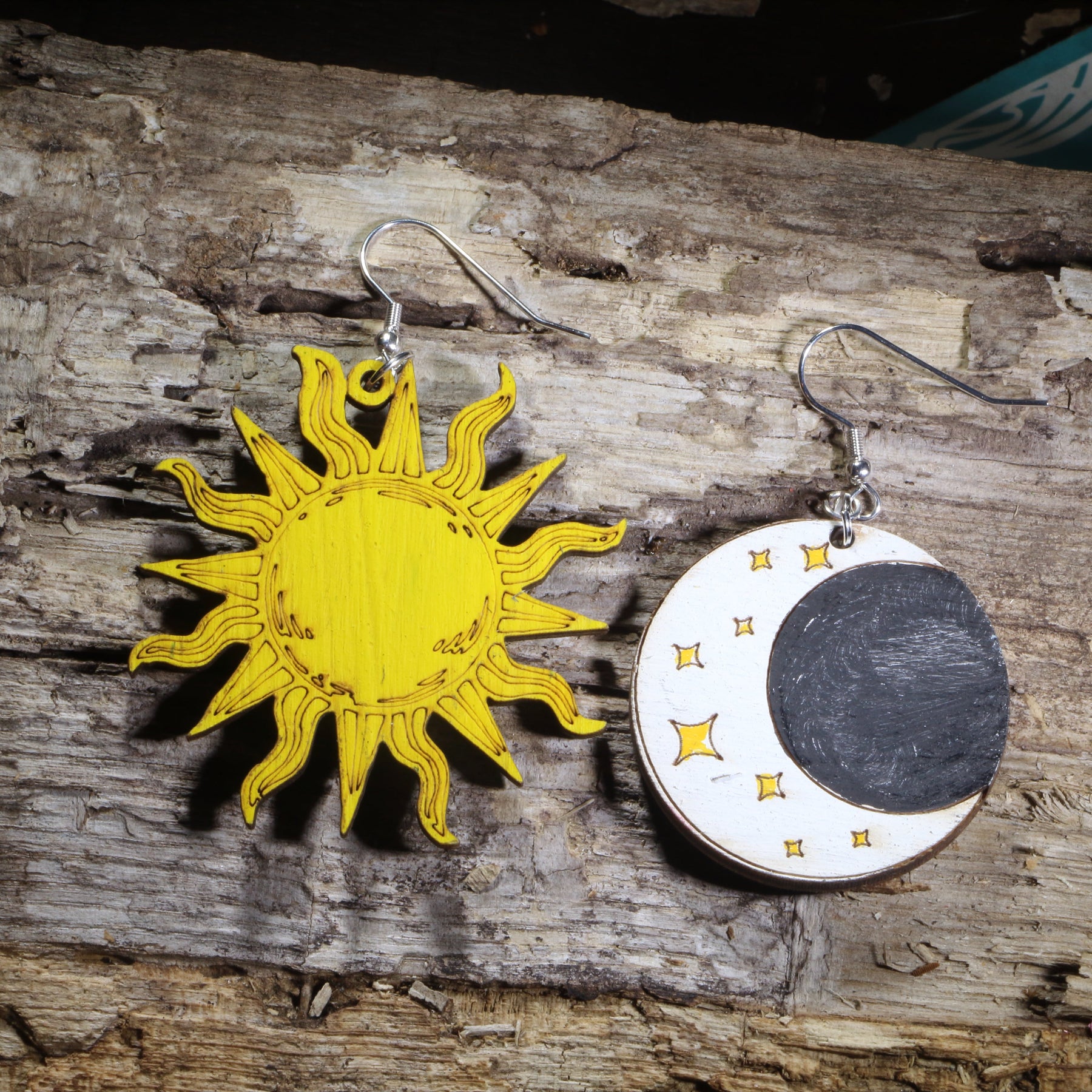 Sun and Moon Wooden Dangle Earrings | Celestial Jewelry
