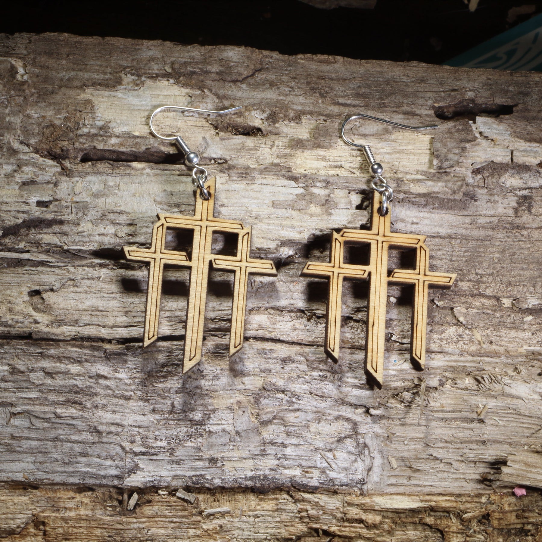 Triple Cross Wooden Dangle Earrings | Cross Symbol Jewelry