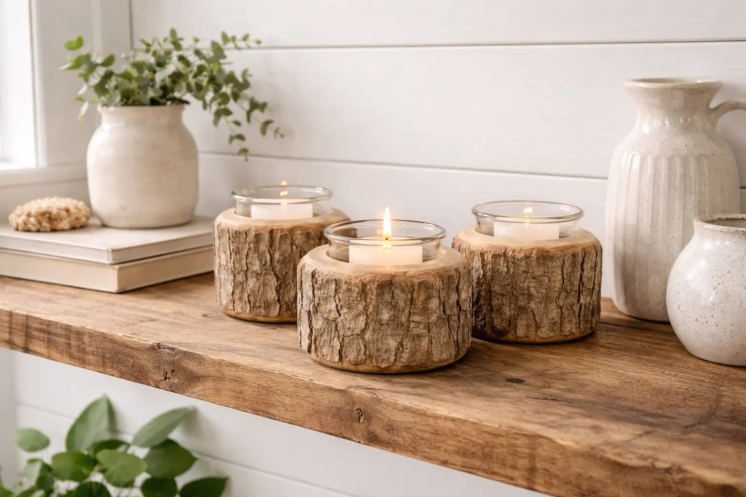 Handcrafted Chinese Tallow Wood Candle Holders – Rustic Set of Three with Glass and Pillar Candles, Handmade in Mississippi Paw Paw’s Woodshop of Mississippi