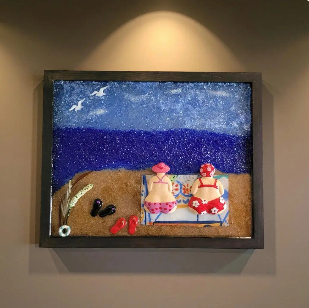 Handcrafted Glass Resin Beach Scene Wall Art- "Beach Day Bliss" 12" x 13" by Two Beachin' Sisters, Southern home decor main product photo