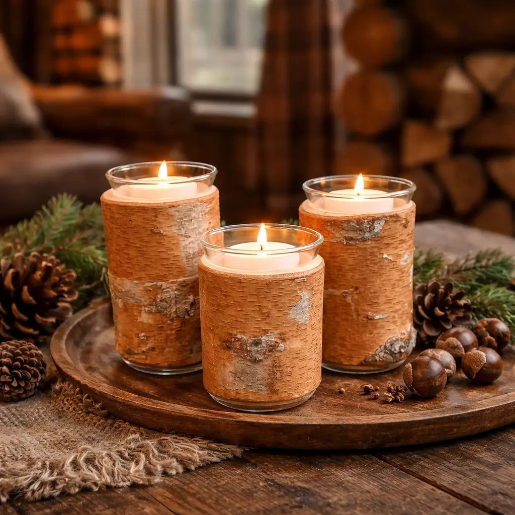 Handcrafted River Birch Wood Candle Holders – Rustic Set of Three with Glass and Pillar Candles Paw Paw’s Woodshop of Mississippi