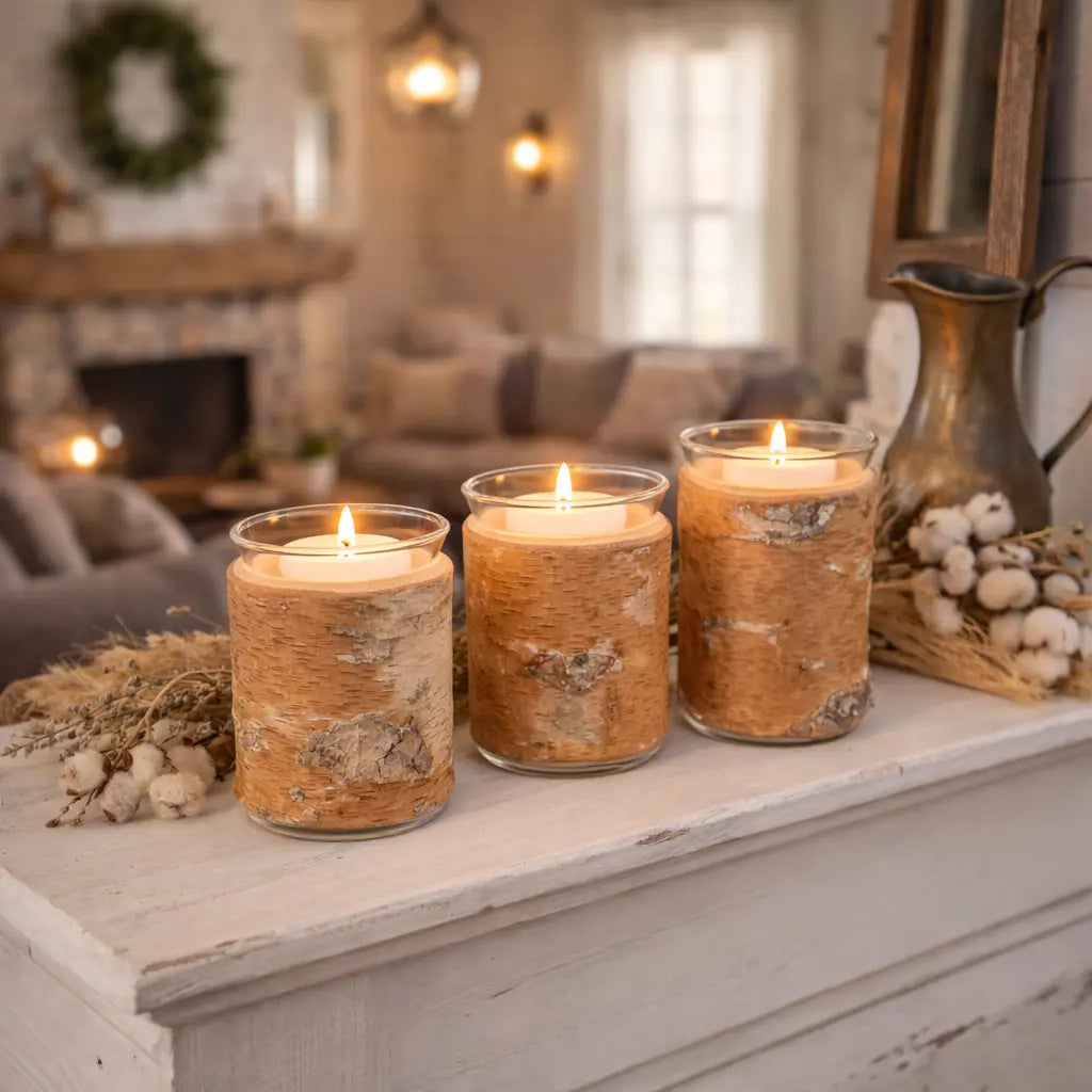 Handcrafted River Birch Wood Candle Holders – Rustic Set of Three with Glass and Pillar Candles Paw Paw’s Woodshop of Mississippi