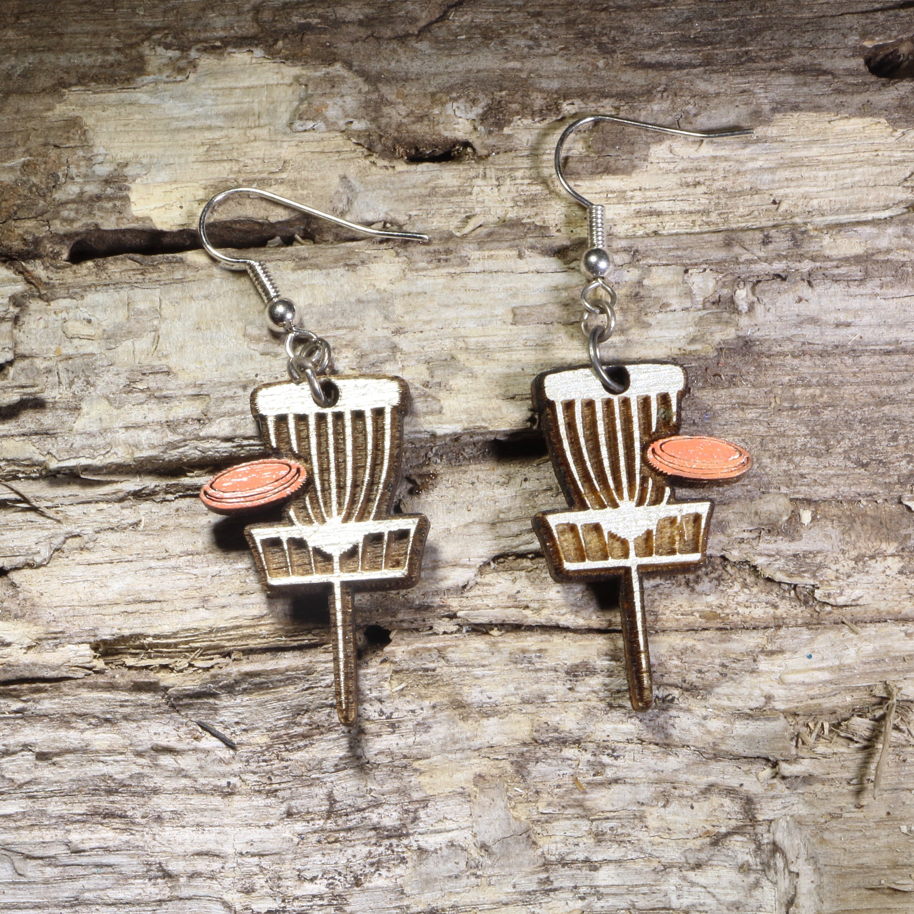Disc Golf Basket Wooden Dangle Earrings | Disc Golf Jewelry Gift