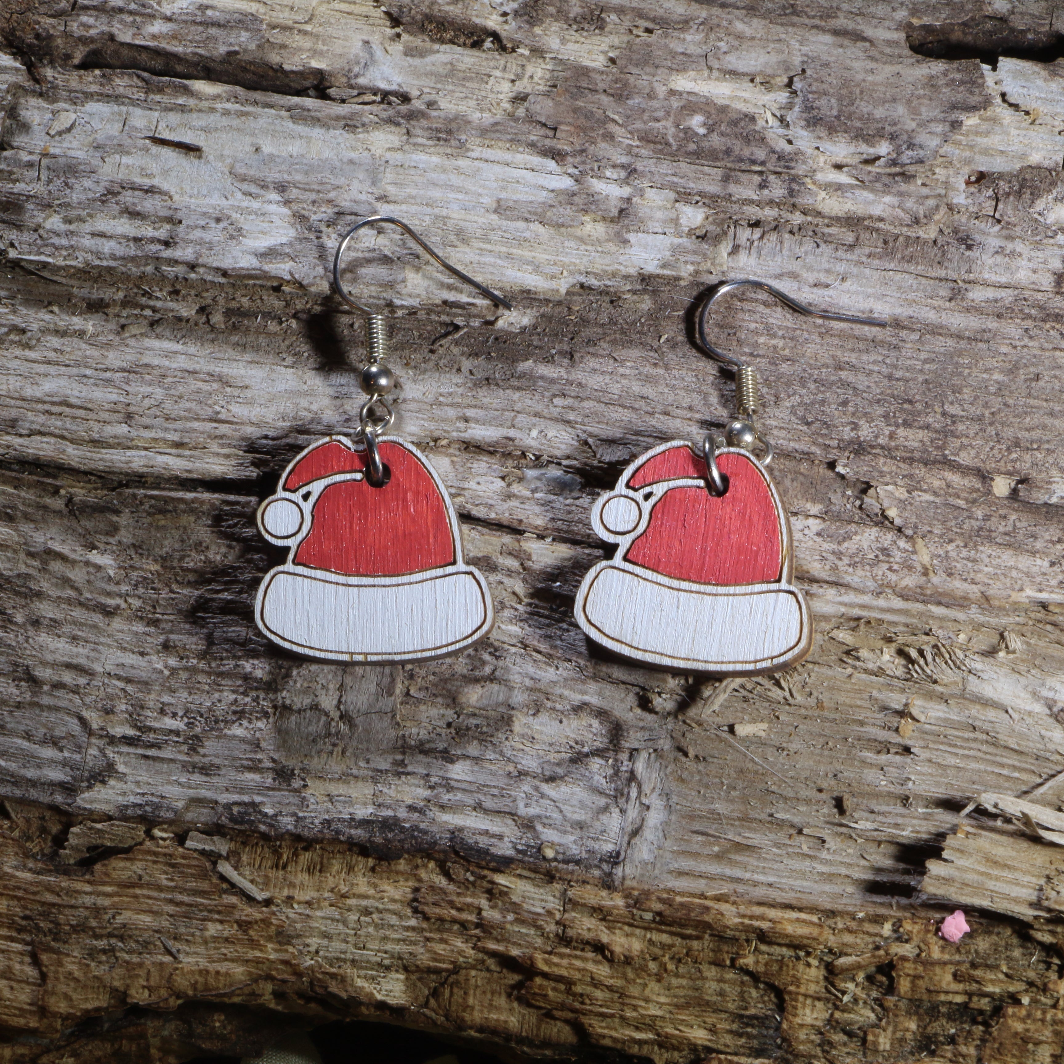 Santa Hat Wooden Dangle Earrings | Christmas Holiday Jewelry