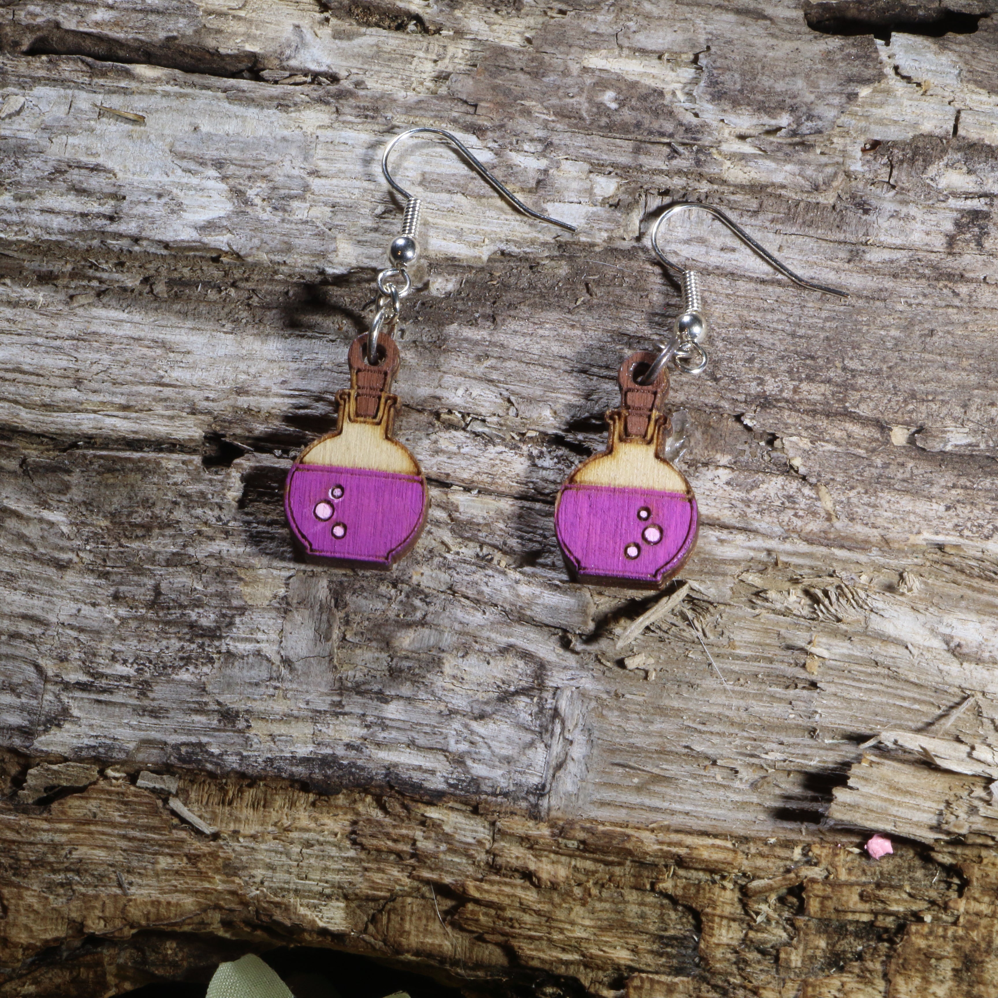 Mad Scientist Potion Bottle Wooden Dangle Earrings | Fantasy Jewelry