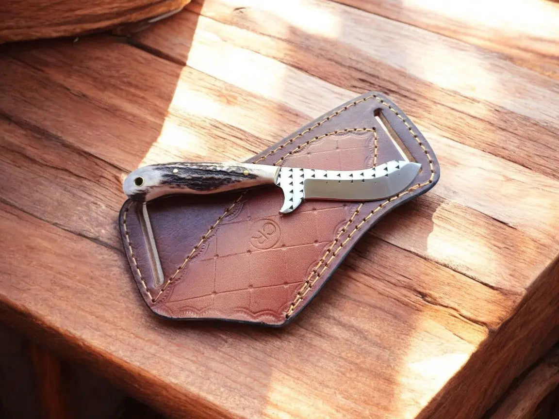 Handmade Belt Knife with Antler Handle & Rasp Steel Blade Damascus Knife Store