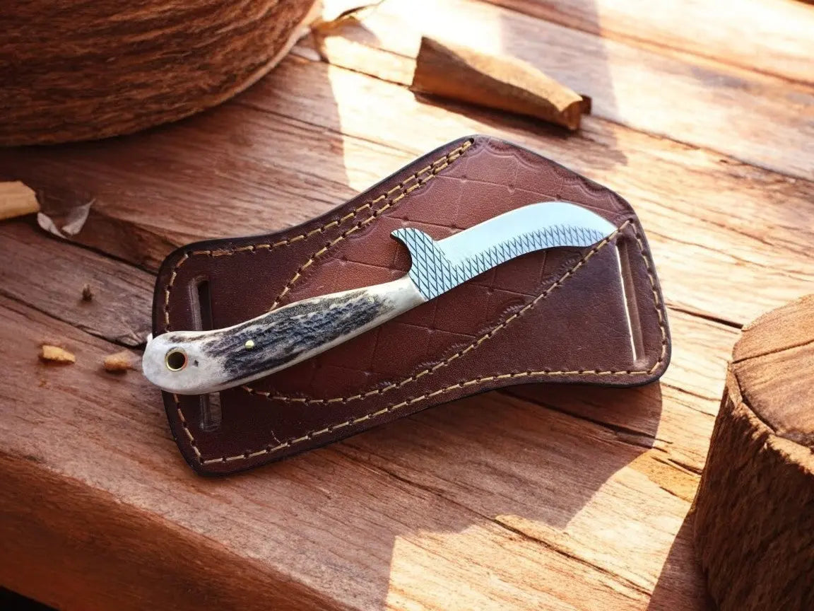 Handmade Belt Knife with Antler Handle & Rasp Steel Blade Damascus Knife Store