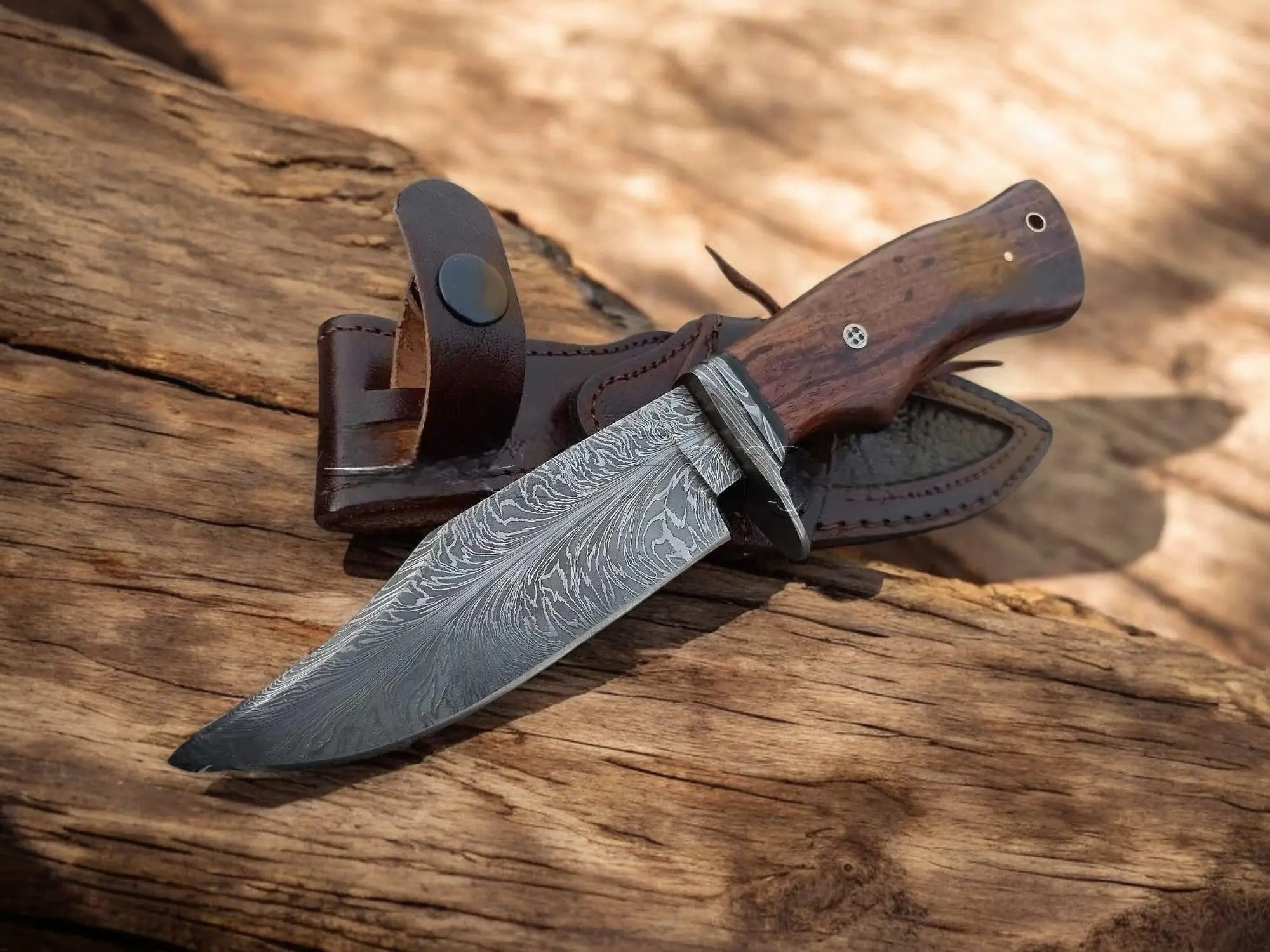 Handmade Bowie Knife | Feather Pattern Damascus Steel by Damascus Knife Store, Damascus knife main product photo