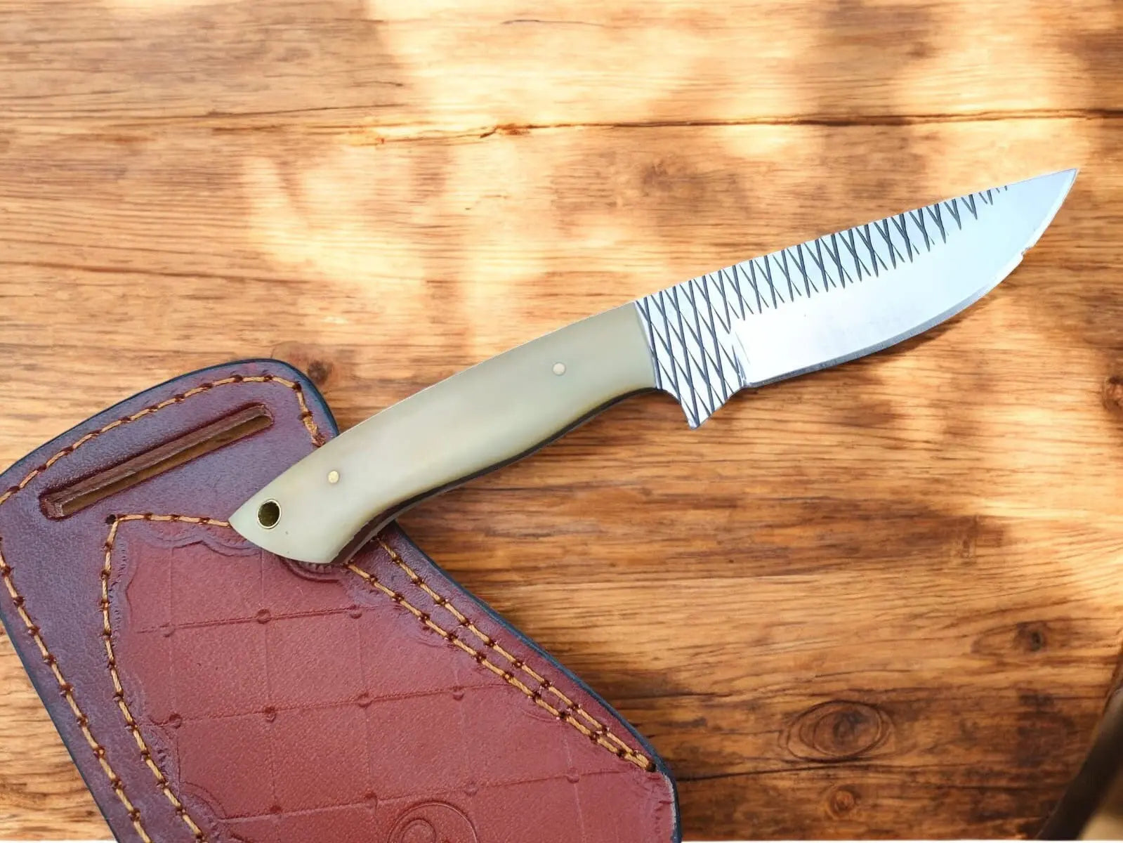 Handmade Cowboy Knife with Bone Handle & Leather Sheath Damascus Knife Store
