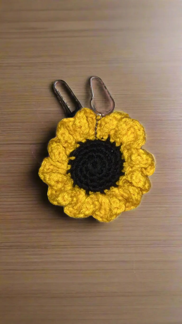 Crochet Sunflower Keychain - Handmade Yellow Sunflower Keyring Accessory - Klassy Krafts Mississippi - Cute Car/Bag Charm Gift