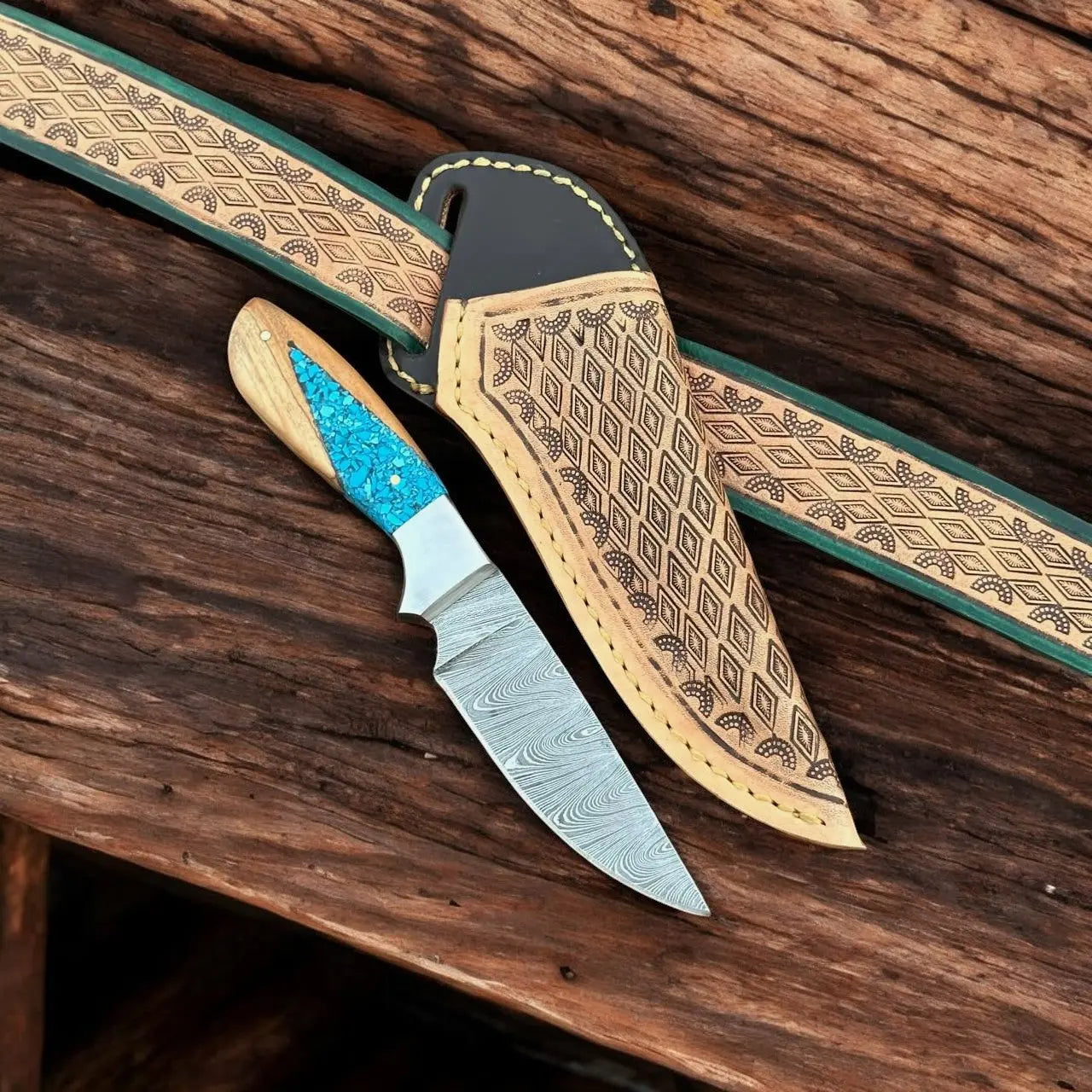 Handmade Damascus Belt Knife – Turquoise Epoxy Resin Handle Damascus Knife Store