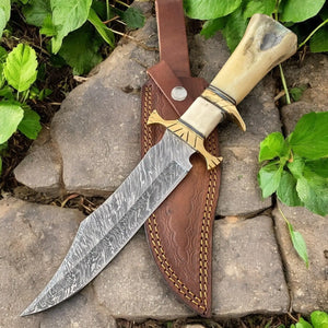 Handmade Damascus Bowie Knife – 10" Bone Handle Blade Damascus Knife Store