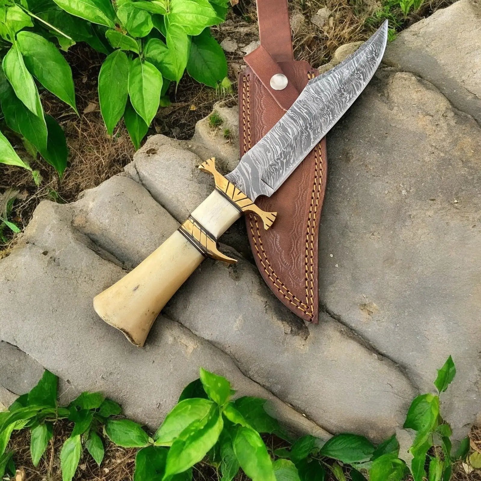 Handmade Damascus Bowie Knife – 10" Bone Handle Blade Damascus Knife Store