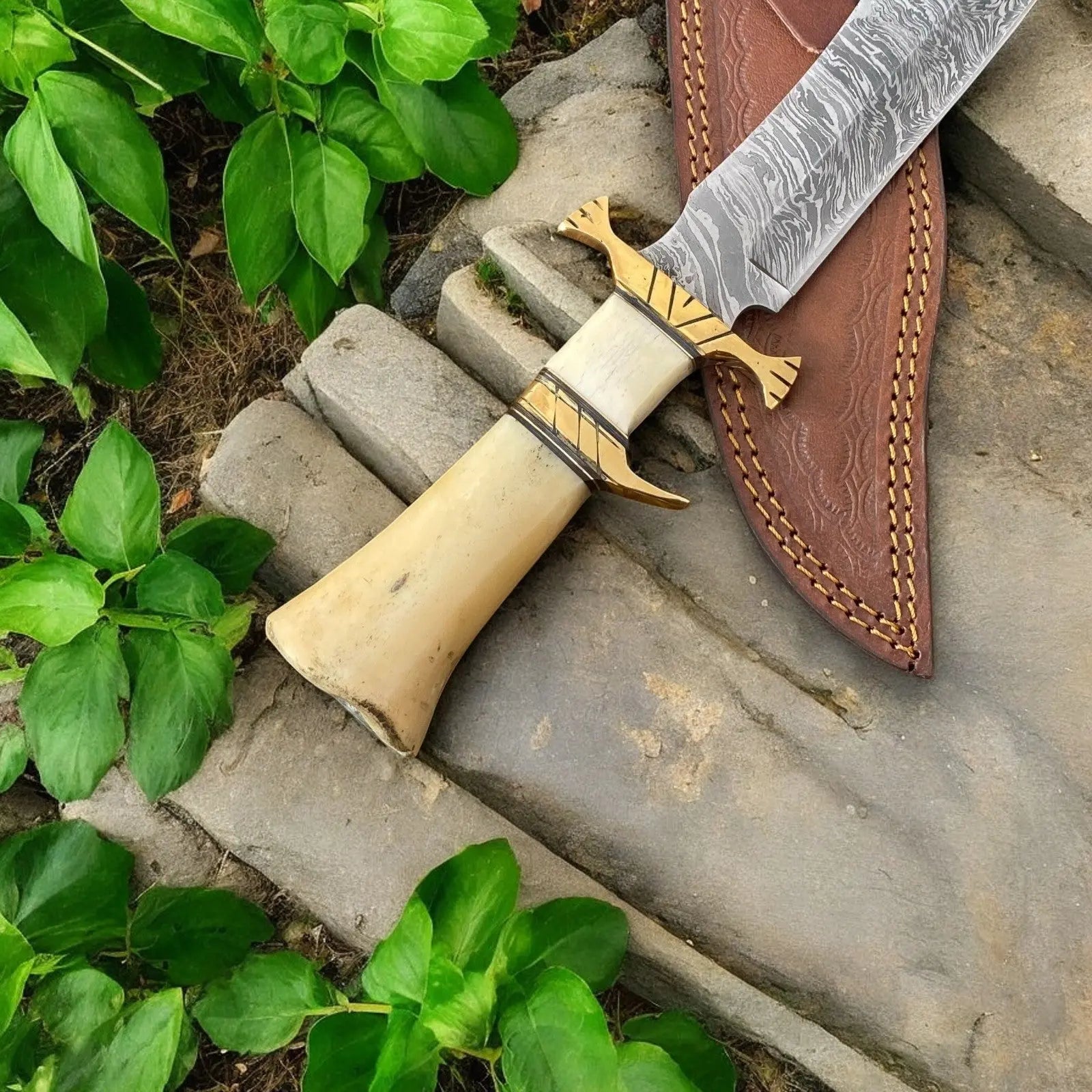 Handmade Damascus Bowie Knife – 10" Bone Handle Blade Damascus Knife Store