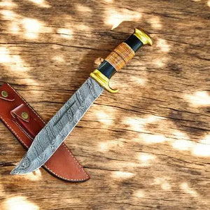 Handmade Damascus Bowie Knife – 14" with Buffalo Horn Handle Damascus Knife Store