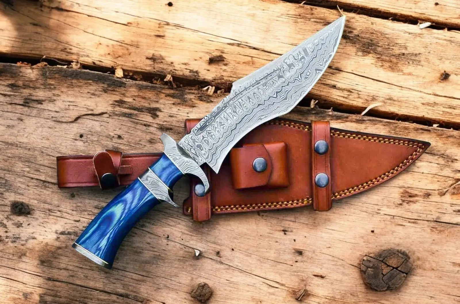 Handmade Damascus Bowie Knife – 15" with Exotic Wood Handle by Damascus Knife Store, Damascus knife main product photo