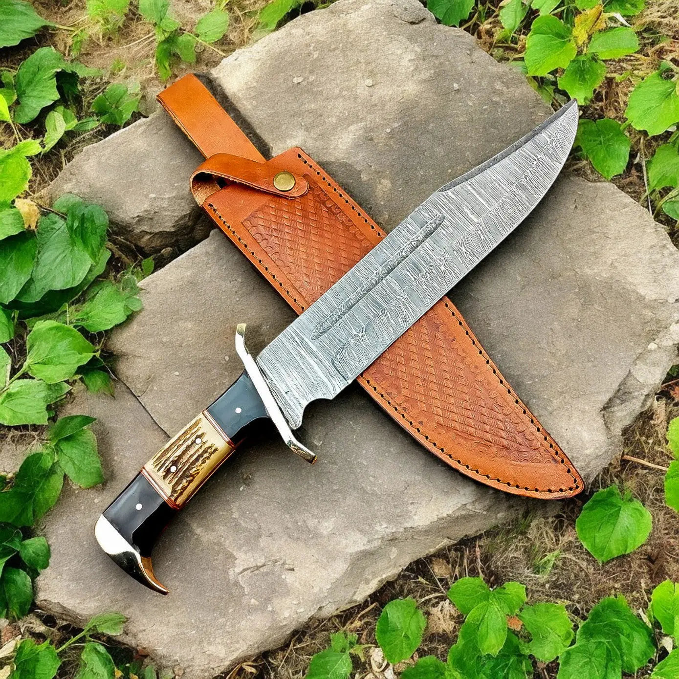 Handmade Damascus Bowie Knife – 15" with Wenge & Antler Damascus Knife Store