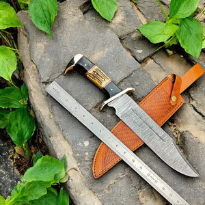 Handmade Damascus Bowie Knife – 15" with Wenge & Antler Damascus Knife Store