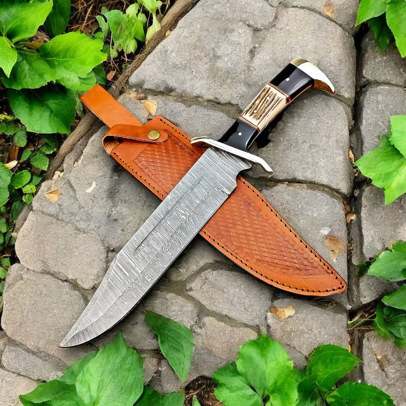 Handmade Damascus Bowie Knife – 15" with Wenge & Antler Damascus Knife Store