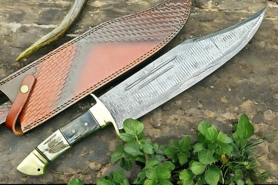 Handmade Damascus Bowie Knife | 16" Antler Horn Handle Damascus Knife Store