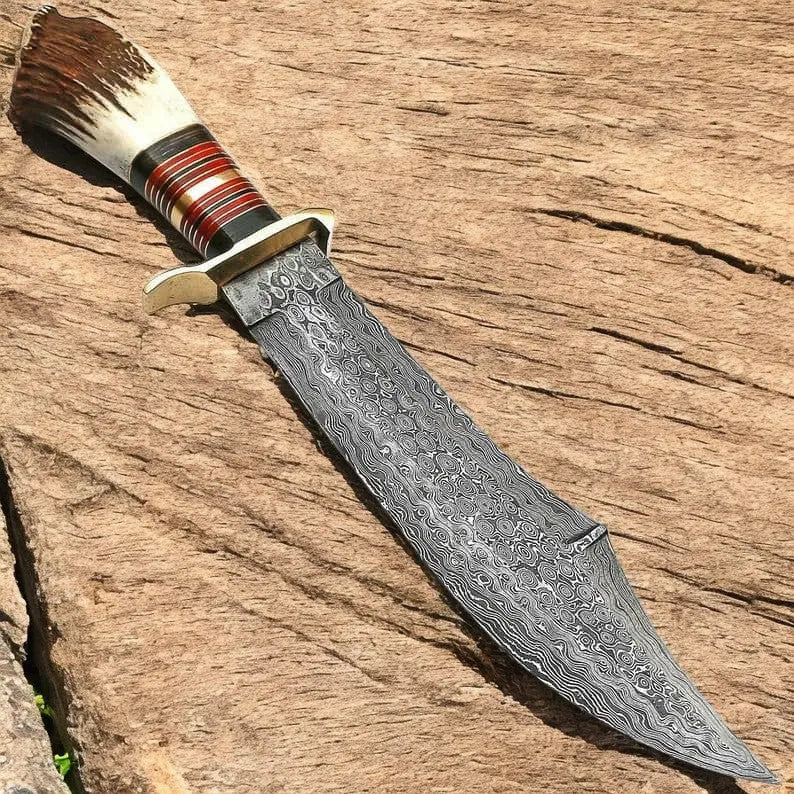 Handmade Damascus Bowie Knife – 16" with Stag Bone Handle by Damascus Knife Store, Damascus knife main product photo