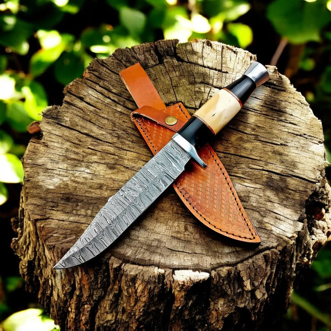 Handmade Damascus Bowie Knife – Bone & Buffalo Horn Handle by Damascus Knife Store, Damascus knife main product photo