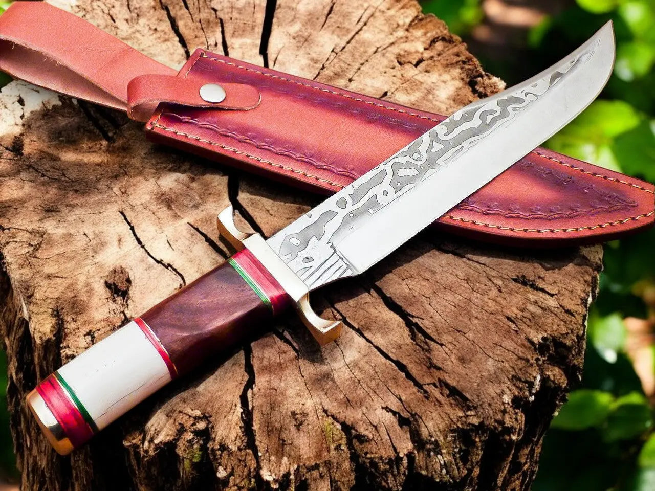 Handmade Damascus Bowie Knife – Bone & Rosewood Handle by Damascus Knife Store, Damascus knife main product photo