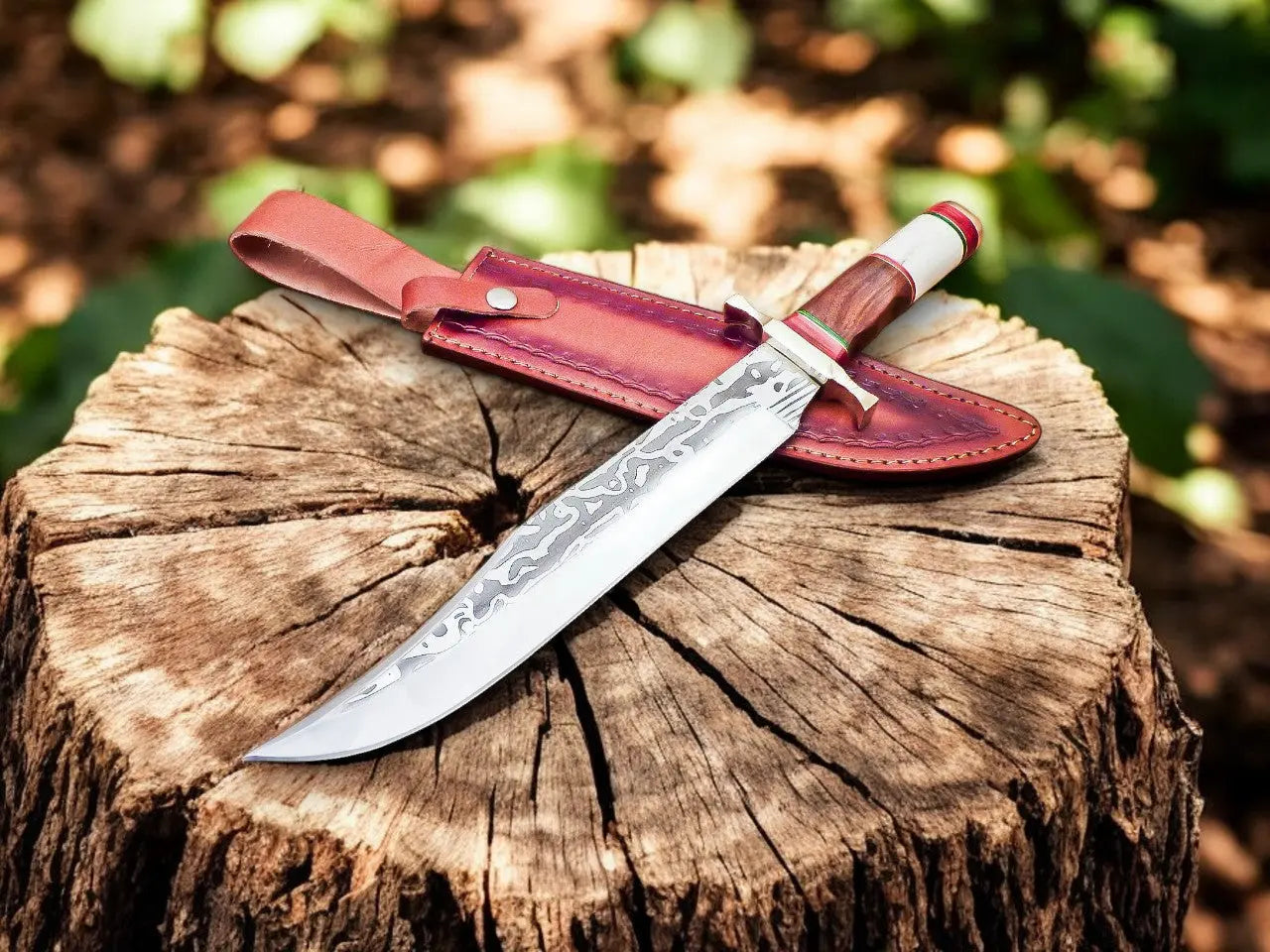 Handmade Damascus Bowie Knife – Bone & Rosewood Handle by Damascus Knife Store, Damascus knife detail photo 2
