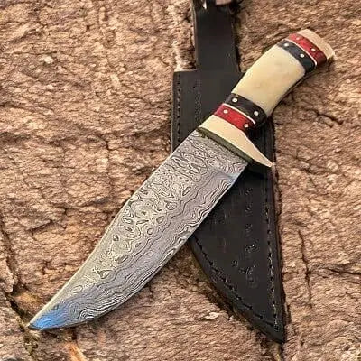 Handmade Damascus Bowie Knife – Bone & Wood Handle by Damascus Knife Store, Damascus knife main product photo