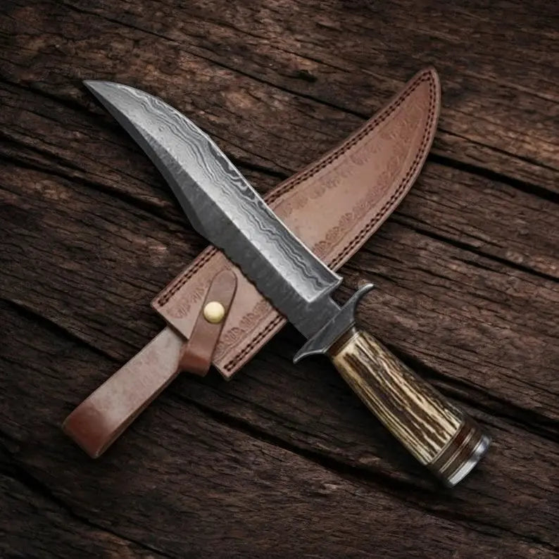Handmade Damascus Bowie Knife with Antler Horn Handle by Damascus Knife Store, Damascus knife main product photo