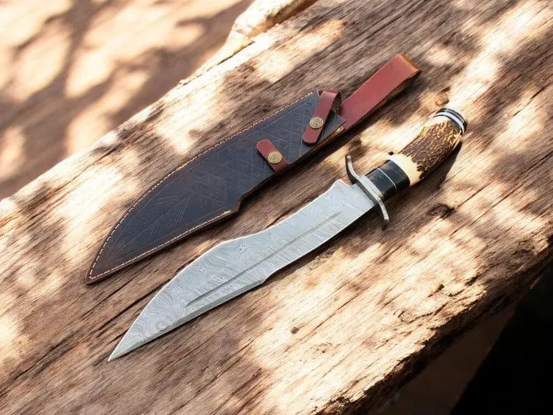 Handmade Damascus Bowie Knife with Antler Horn Handle Damascus Knife Store