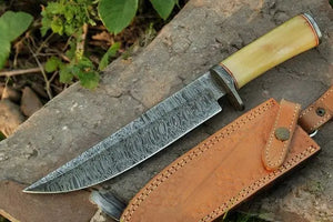 Handmade Damascus Bowie Knife with Bone Handle – 15" Damascus Knife Store