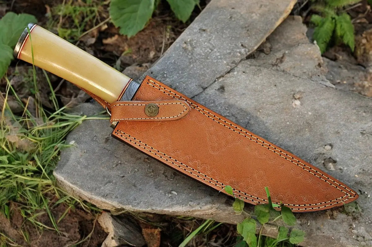 Handmade Damascus Bowie Knife with Bone Handle – 15" Damascus Knife Store